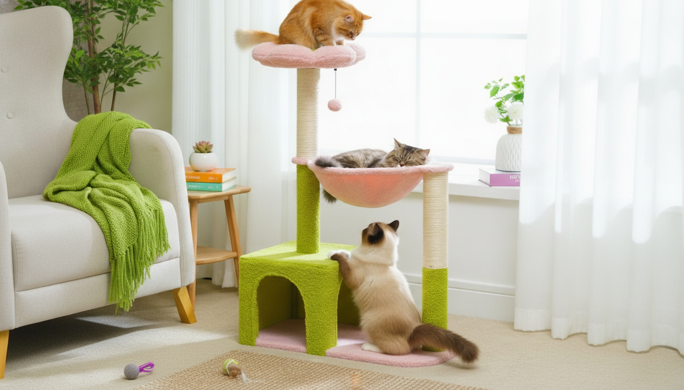 Flower Cat Tree with Metal Frame Hammock: Stable Cozy Perch